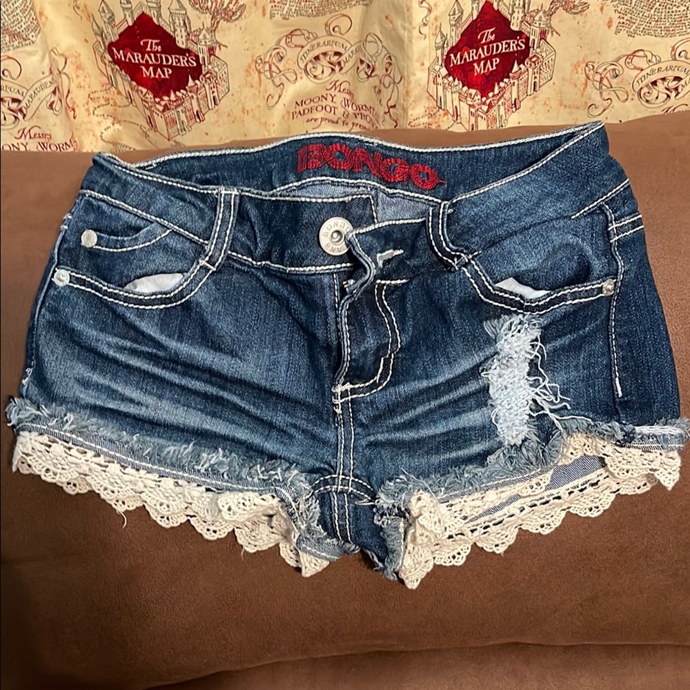 Bongo Women's Blue Denim Shorts with Lace Trim